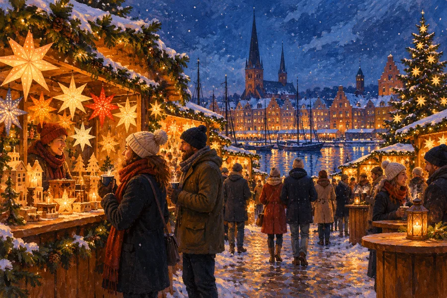 Weihnachtsmarkt im Lichterglanz – symbolische Illustration