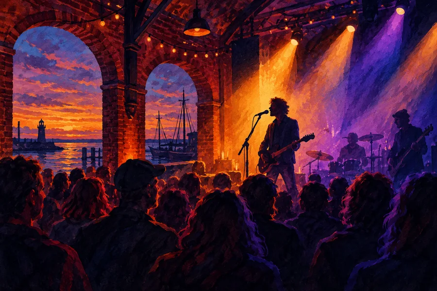 Musik und Bühne im warmen Scheinwerferlicht – symbolische Illustration